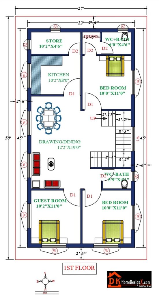 27X50 Affordable House Design DK Home DesignX   TX99 GROUND 1ST FLOOR Page 01 551x1024 