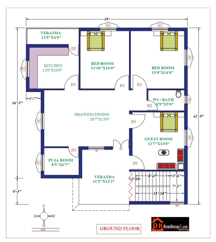 39X43 Affordable House Design - DK Home DesignX