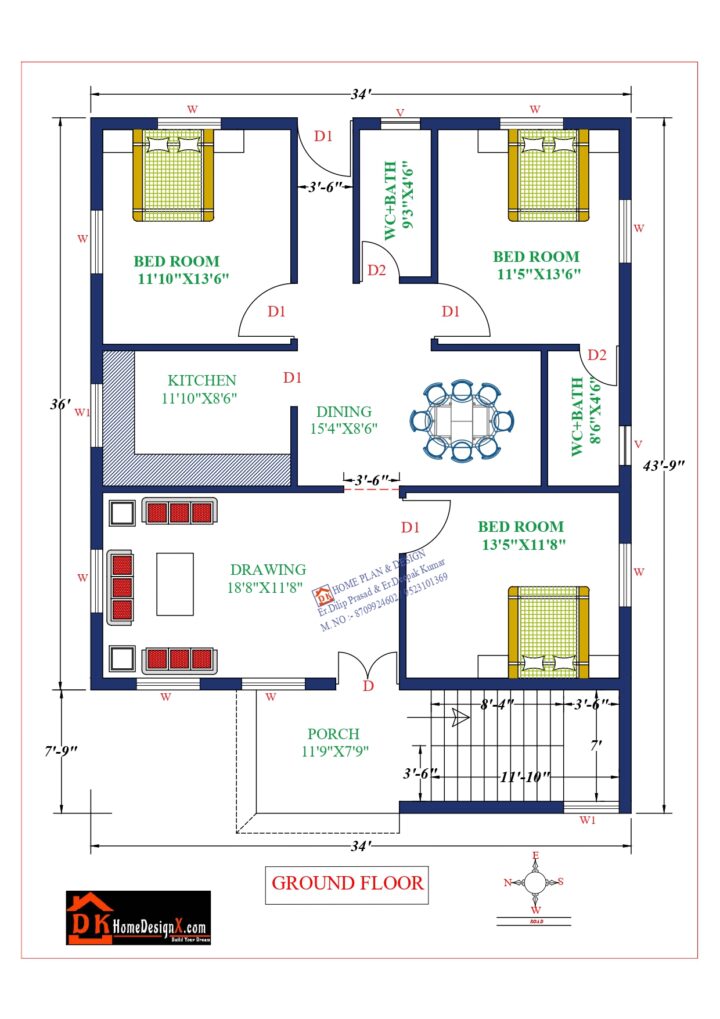 34X44 Affordable House Design - DK Home DesignX